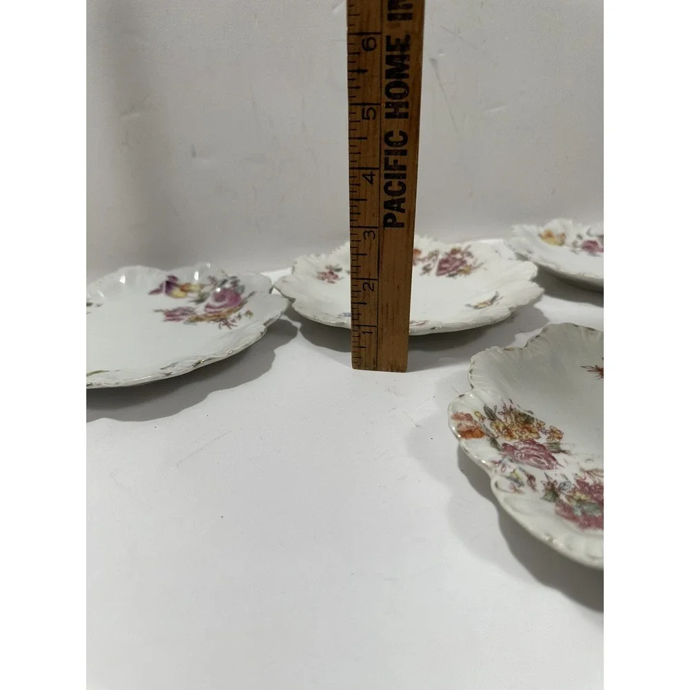 LIMOGES France Set 4 Salad/Dessert Plates Pink Flowers Scalloped Rim 6.5